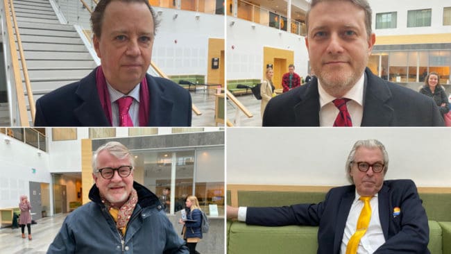 Övre raden från vänster: Advokaterna Göran Witt-Strömer och Klas Bjuremark. Nedre raden från vänster: Advokaterna Sven Severin och Thomas Martinsson. Under dagen frågade Sven Severin, Karl Hedins advokat, expertvittnet från Centrum för genetisk identifiering om labbet där han arbetar är ackrediterat för dna-analyser. Svar: Nej.