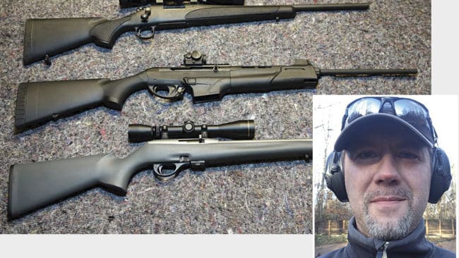 Toni Celan anser att Jägareförbundet agerar ologiskt i frågan om EU-kommissionens förbud mot halvautomatiska jaktvapen, när de jobbar för att förbjuda Benelli MR1 (vapnet i mitten).