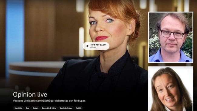 Under ledning av programledaren Belinda Olsson har Torbjörn Nilsson från Rovdjursföreningen en TV-duell i vargfrågan mot Jägarnas Riksförbunds Solveig Larsson i direktsända Opinion live i SVT1, som även strömmas i SVT Play.