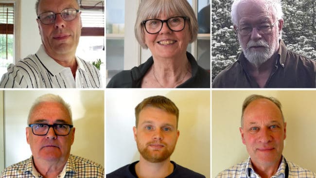 Övre raden från vänster: Lennart Eklund, Yvonne Oward och Hans Gustafsson. Nedre raden från vänster: Lars Lignell, Jonas Viklund och Jan Lingheimer.