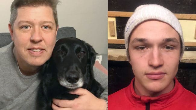 18-årige Max Holm, till höger, räddade livet på Robert Jidesjös vildsvinshund Chilla.