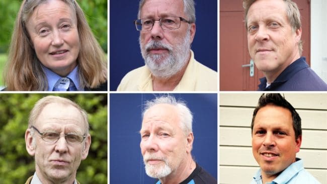 JRF:s förbundsstyrelse. Övre raden från vänster: förbundsordförande Solveig Larsson, Sven-Olof Sandberg och Rickard Olsson. Nedre raden från vänster: Henrik Tågmark, Ulf Lindström och Enock Skogman.