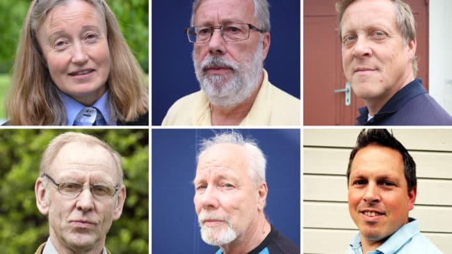 JRF:s förbundsstyrelse. Övre raden från vänster: förbundsordförande Solveig Larsson, Sven-Olof Sandberg och Rickard Olsson. Nedre raden från vänster: Henrik Tågmark, Ulf Lindström och Enock Skogman.