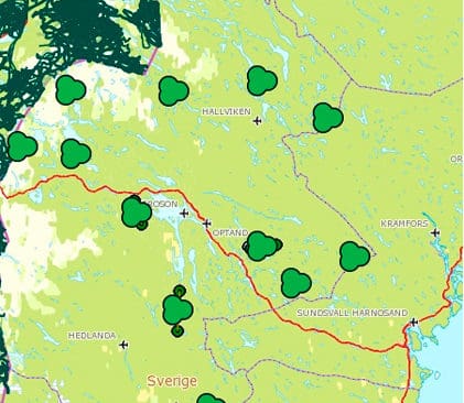 Karta &ouml;ver kvalitetss&auml;krade lodjursf&ouml;ryngringar. H&auml;r &auml;r &auml;nnu inte f&ouml;ryngringen som hittades i Hede i f&ouml;rra veckan med.