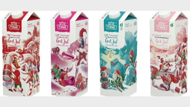 Till vänster julmotivet med en ylande varg från det bondeägda mejeriföretaget Trine. Norges vargdrabbade kobönder vill inte se romantiska vargbilder på mjölkpaketen.