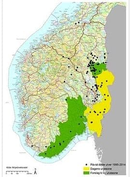 Det gula fältet är den nuvarande vargzonen. Det gröna fältet visar vargvännernas förslag till utökning. De svarta prickarna är konstaterat döda vargar mellan åren 1995 och 2014.