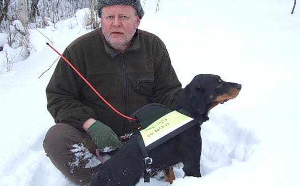 R&auml;vper Andersson med sm&aring;landsst&ouml;varen Walle, som funkar fint p&aring; rovdjur.
