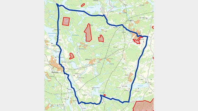 Kartan visar vilket område som skyddsjakten efter en varg i Sjundareviret får bedrivas.