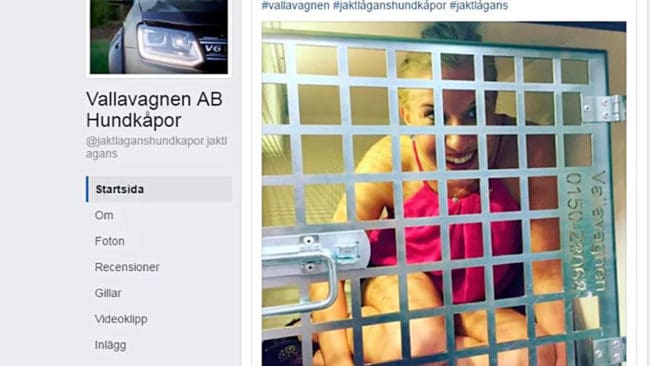 Det här ger dålig reklam, säger Vallavagnens VD om reklamen inför en jaktmässa med en kvinna instängd i en av företagets hundburar.