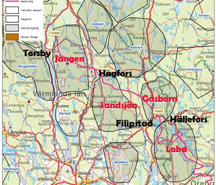 Vargtikens vandring. Det lila str&auml;cket &auml;r hennes rutt. Namnen p&aring; reviren hon passerat i r&ouml;tt och ortsnamn i svart.