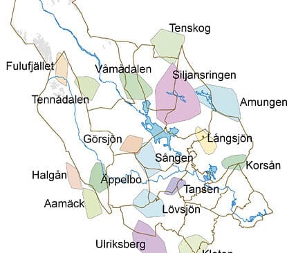 En politisk karta &ouml;ver Dalarna, som helt h&aring;ller p&aring; att tas &ouml;ver av vargrevir. Av cirka 230 bofasta i ett vargomr&aring;de kr&auml;ver 93 procent att alla vargar skjuts bort runt deras byar.