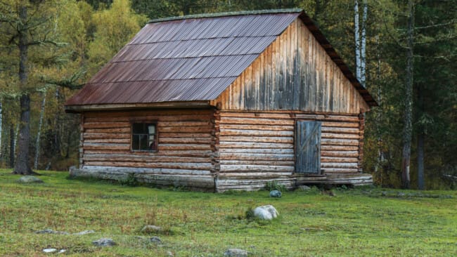 Jaktstuga med liggande timmer i skogsbryn.